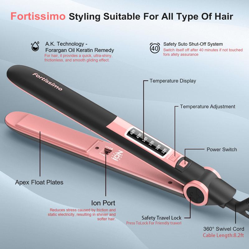 Fortissimo Negative Ion Hair Straightener,Professional Ceramic Flat Iron 6 Adjustable Temp 230°F-450°F, 15s Fast Heat,2 in 1 Curler & Straight,Comfort