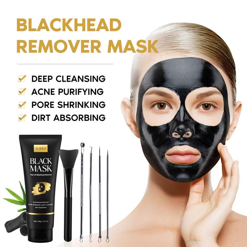 Blackhead Remover Mask Kit, Charcoal Peel Off Facial Mask with Brush and Pimple Extractors, Deep Cleansing for Face Nose Blackhead Pores Acne, For  Skin Types (3.5 Fl.oz)