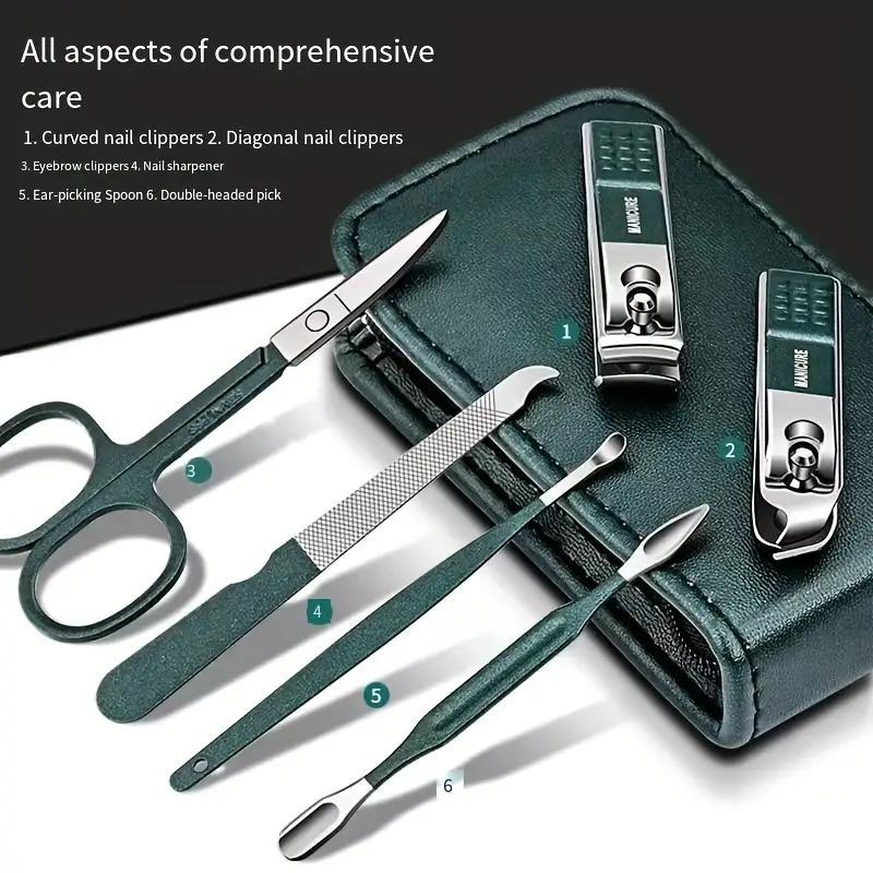 Professional Nail Clipper Set with Storage Case, 6 Counts set Portable Nail Trimmer & Nail File & Ear Pick, Manicure & Pedicure Tool for Home & Travel