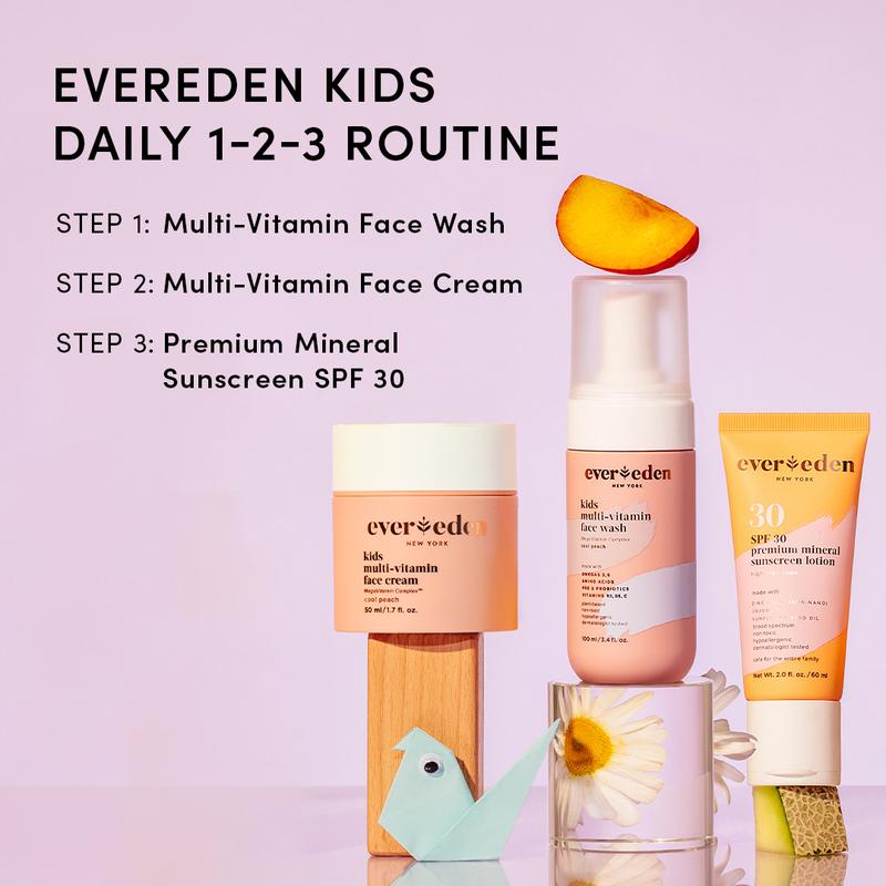 Evereden Kids Daily 1-2-3 Routine - Clean, Safe Ingredients for Pre-Teens - Face Wash, Face Cream, Mineral SPF 30, Free Body Lotion Cleanser Skincare