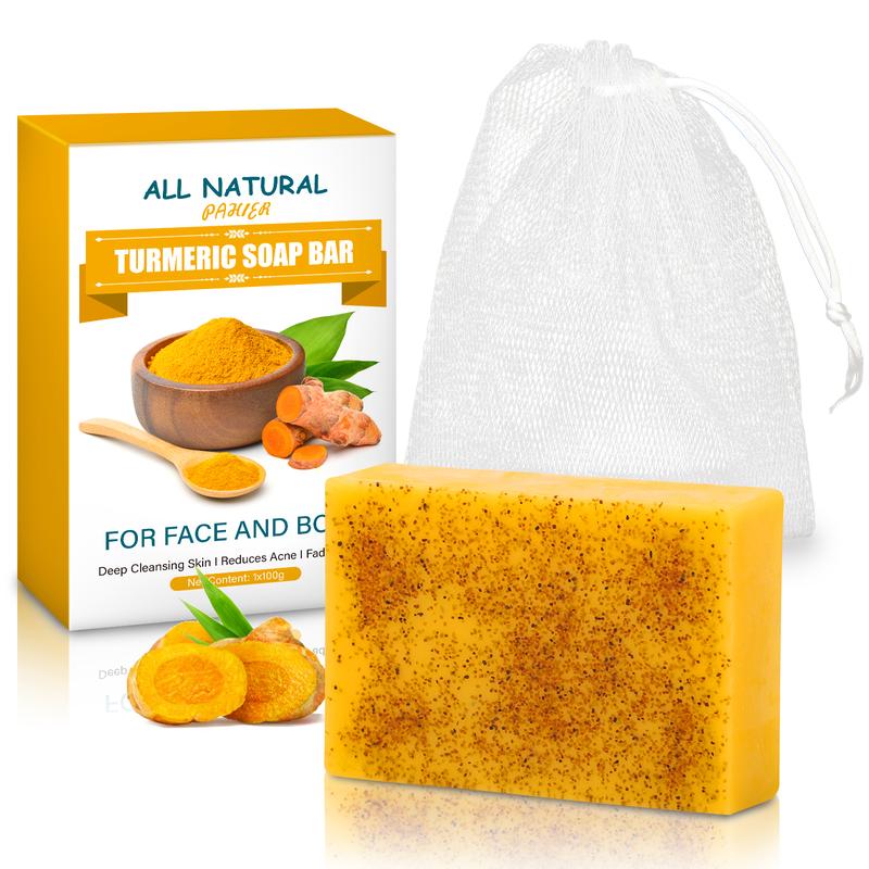 2 in-1 Turmeric Soap Bar for Body and Face, PAHIER Kojic Acid Soap to Clean and Hydrate Skin with Soap Mesh Net 3.5 Ounce (1 Pack ) for Women Men