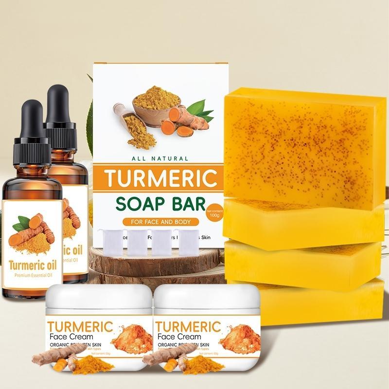 Turmeric Cream & Turmeric Oil & Turmeric Soap Set for Women & Men, 8 Counts set Moisturizing Facial Skin Care Kit, Daily Skincare Product, Christmas Gift