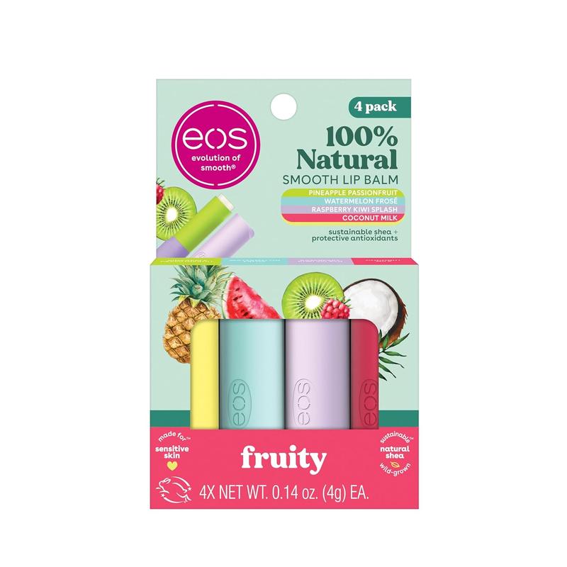 eos 100% Natural Lip Balms- nut Milk, Pineapple Passionfruit, Watermelon Frosé & Raspberry Kiwi Splash, All-Day Moisture Lip Care, 0.14 oz, 4-Pack