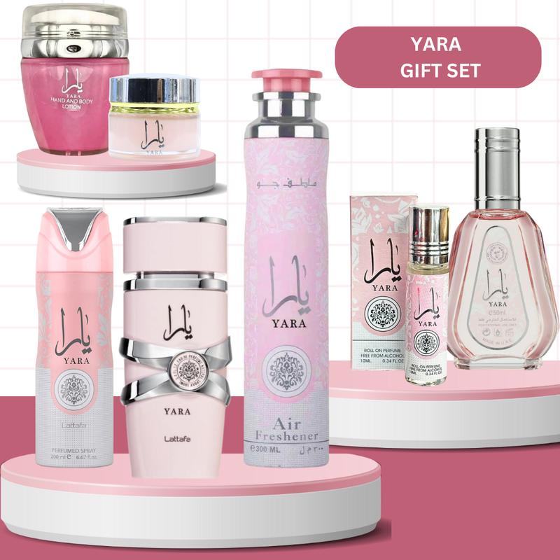 Yara 7-Piece Fragrance & Beauty Set with Yara Perfume (3.4oz), Yara Deodorant (6.8oz), Yara Hand & Body Lotion (1.53oz), Yara Air Freshener (10.1oz), Yara Oil (10ml), Yara Spray Perfume (1.7oz), Yara Mukhammaria Jamid (20g)