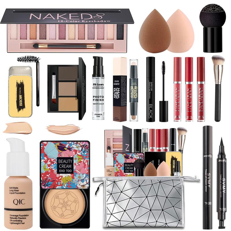 All in One Makeup Kit,Includes Naked Eyeshadow,Liquid Foundation,CC Cream,Lipstick Set,Mascara,Makeup Brush,Makeup Sponge,Eyebrow Powder,Eyebrow Soap,Eyeliner , Primer,Contour Stick, Bag