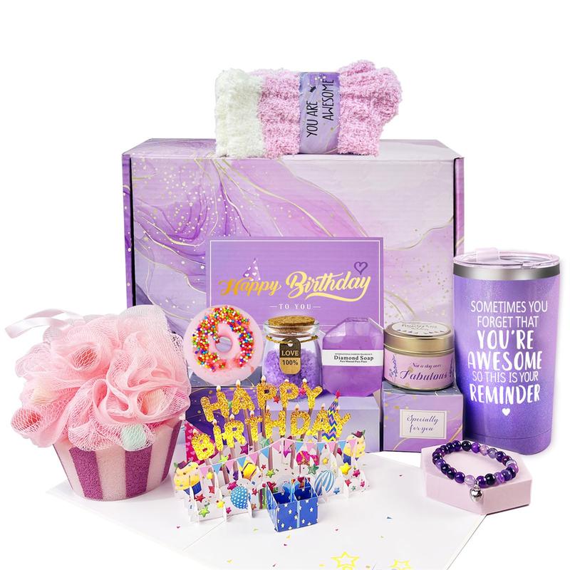 Birthday Gifts for Women, Happy Birthday Relaxing Spa Gifts Basket for Women, Purple Gift Box Set for Mom Sister Female Friends Wife Girlfriend Daughter, Unique Gifts for Women Who Have Everything