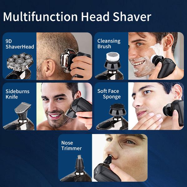 CHIN Upgrade 9D Electric Head Shaver for Bald Men,LED Display,IP67 Waterproof Men's Rotary Head Beard Shaver,6-in-1 Grooming Kit Electric 9D Shaver for Wet Dry Shaving,Floating Head Shaver for Men,Cordless Razor Comfort,Gift for Men Smooth electric shaver