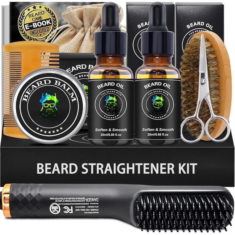 Beard Kit,Beard  Kit,w Beard Straightener,Beard Oil,Beard Balm,Beard Comb,Beard Scissor,Razor & Brush Stands,Bag,E-Book,Beard Care Christmas Dad Gifts for Men Him Father