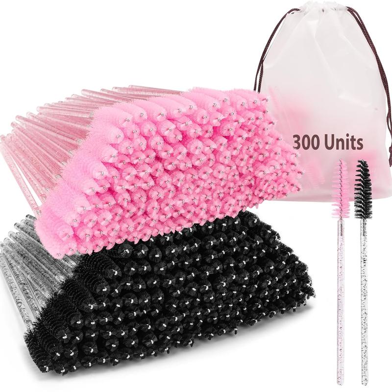 300 Pcs Disposable Mascara Wands, Crystal Eyelash Brush Eyebrow Spoolies for Eyelash Extensions, Pink & Black Mascara Brush