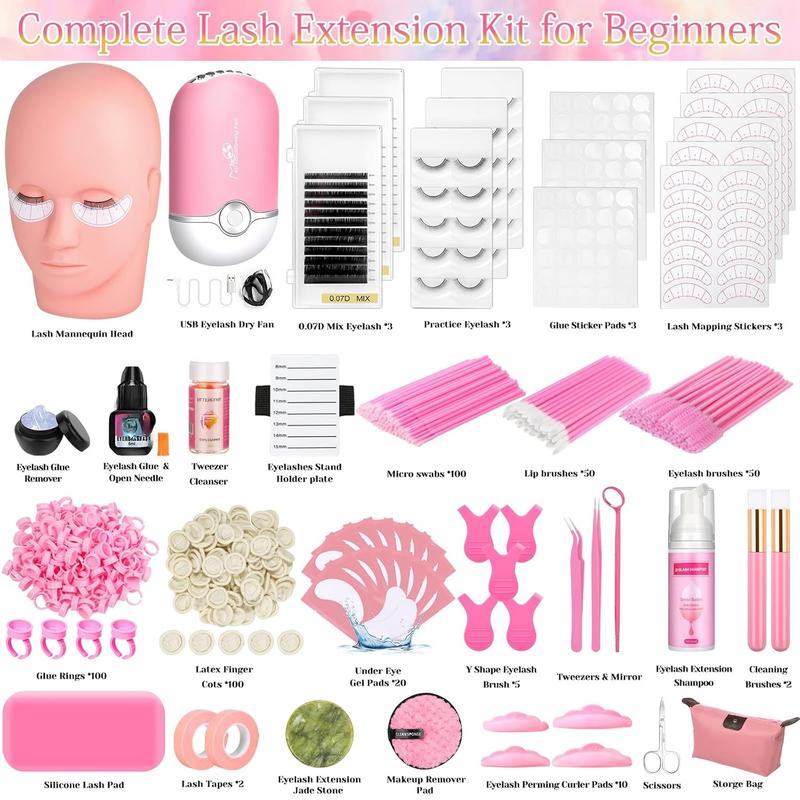 Lashes Kit for Eyelash Extension Beginners 470 count Professional Lash Mannequin  Practice Kit with Everything Lash Glue Lash Shampoo Lash Fan, Lash Extension Supplies for Practice