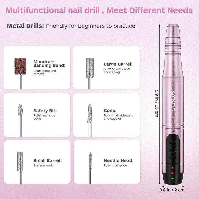 COSLUS Cordless Nail Drill Electric File: Professional for Acrylic Gel Dip Powder Nails Portable Nail Drill Machine Kit for Manicure Pedicure Nail Set, 6 Hours Battery Life, Low Heat & Vibration. For Hand and Toe Nails.