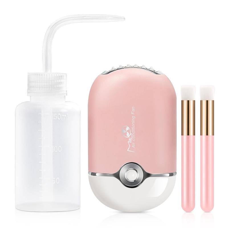 Lash Fan Makeup Brush for Eyelash Extention Mini Lash Fan with Lash Shampoo Brushes,Type C Air Conditioning Eyelash Fan Facial Cleaning Brush and Plastic Wash Bottle (Pink)