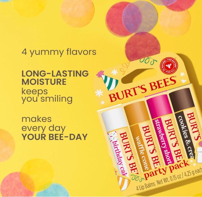 Burt's Bees Lip Balm Stocking Stuffers, Party Pack - Birthday Cake, Waffle Cone, Strawberry Shortcake, and Cookies & Cream, All Day Moisturizer, Tint-Free, (4-Count Pack of 1)