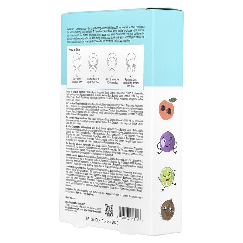 Idealove Superfood Skin Savior Variety Pack, 7 Beauty Sheet Masks, 0.68 fl oz (20 ml) Each