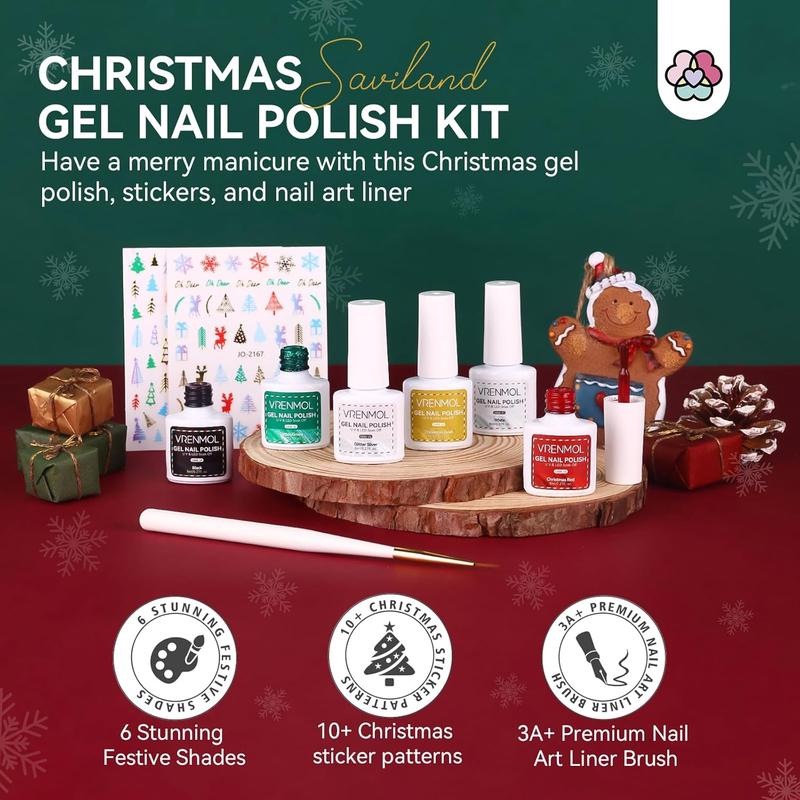 Glitter Gel Polish Set - 6 Colors 0.27oz Red Green Gold Silver Soak-off LED Nail Polish Kit with Stickers and Liner Brush for Home Salon