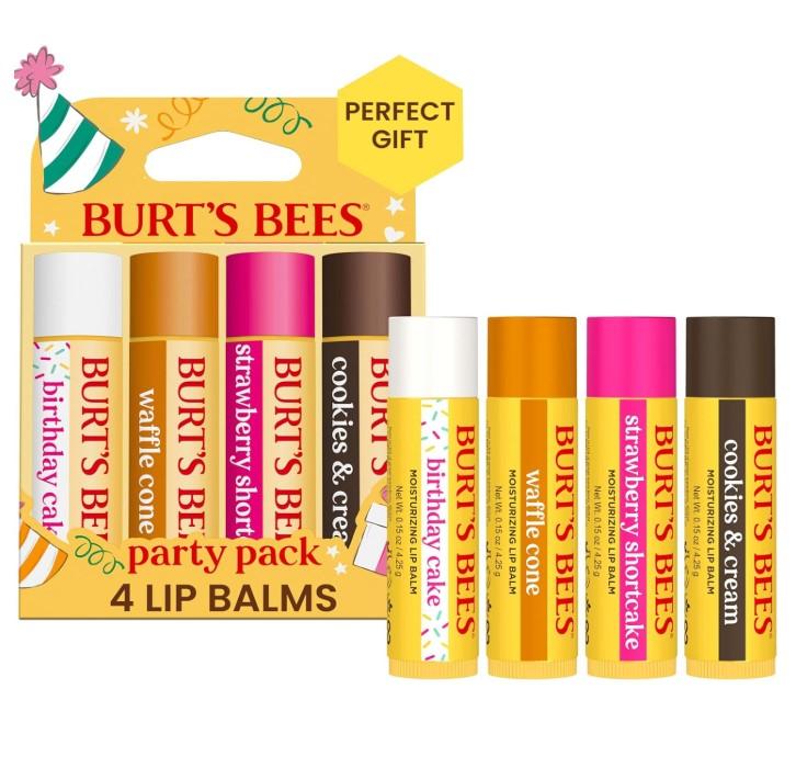 Burt's Bees Lip Balm Stocking Stuffers, Party Pack - Birthday Cake, Waffle Cone, Strawberry Shortcake, and Cookies & Cream, All Day Moisturizer, Tint-Free, (4-Count Pack of 1)