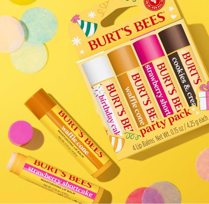 Burt's Bees Lip Balm Stocking Stuffers, Party Pack - Birthday Cake, Waffle Cone, Strawberry Shortcake, and Cookies & Cream, All Day Moisturizer, Tint-Free, (4-Count Pack of 1)