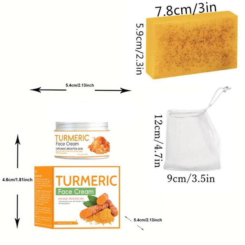 Turmeric Face Care Set, 6 Counts Turmeric Lemon Soap & 1 Count Moisturizing Cream with 6 Counts Foaming Net, Face & Body Skin Care Kit for All Skin Types