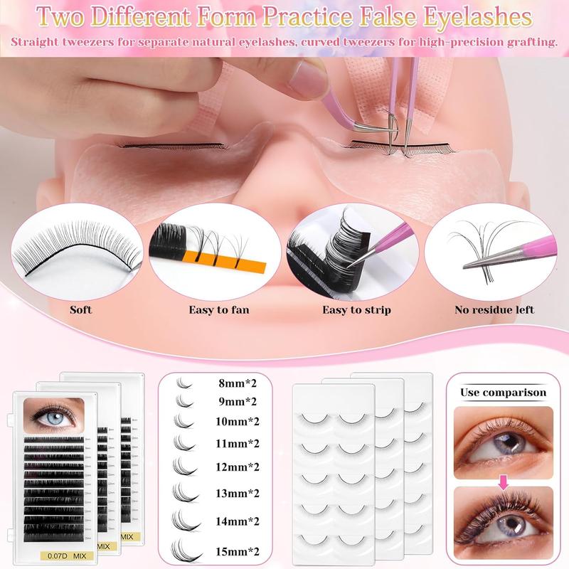 Lashes Kit for Eyelash Extension Beginners 470 count Professional Lash Mannequin  Practice Kit with Everything Lash Glue Lash Shampoo Lash Fan, Lash Extension Supplies for Practice