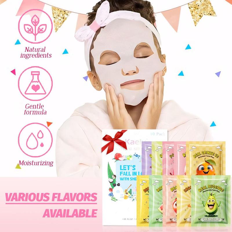 10 Pack Fruit Face Masks for Kids, Spa Party Facial Mask Skincare Set, Sheet Masks Skin Care, Moisturize Brighten Soothe for All Skin Types, Christmas Birthday Gifts for Women Men Girls, 01