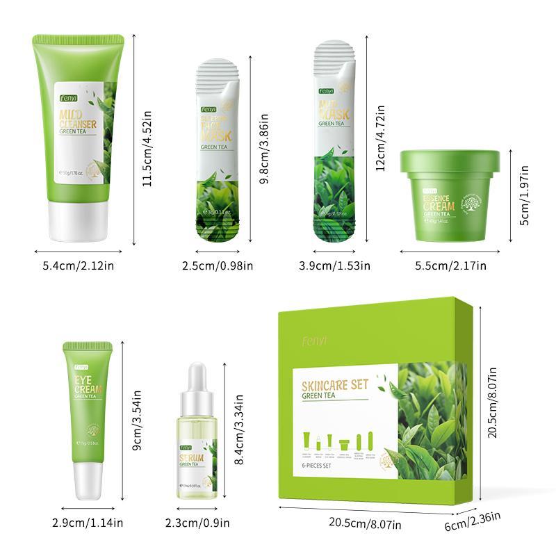 Green Tea Cleansing Beauty Skincare Kit, 6pcs set Comfort Skincare Set Including Facial Cleanser & Essences & Eye Cream & Night Cream & Mask Sheet & Face Mask Mud