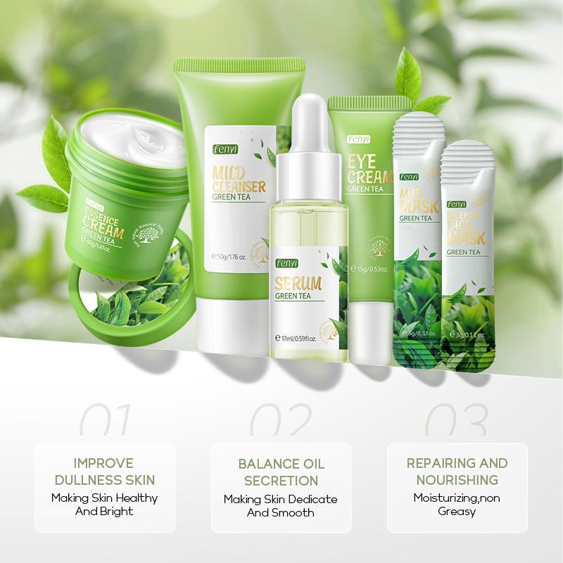 Green Tea Cleansing Beauty Skincare Kit, 6pcs set Comfort Skincare Set Including Facial Cleanser & Essences & Eye Cream & Night Cream & Mask Sheet & Face Mask Mud