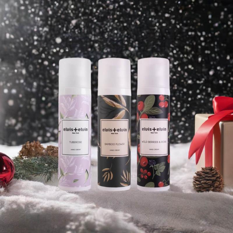 elvis+elvin Floral Hand Cream Set - Tuberose, Bamboo Flower, and Wild Berries Scents, Enriched with Tsubaki Oil, 3 Creams per Pack