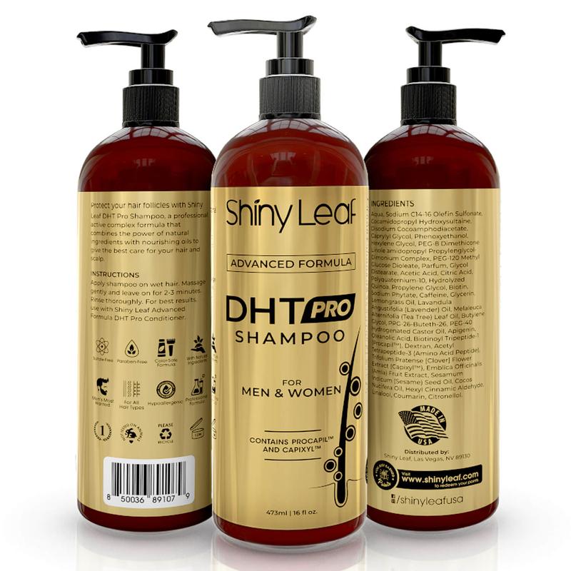 DHT Pro Shampoo and Conditioner Set with Procapil and Capixyl, Biotin, Caffeine, Sulfate and Paraben Free for Hair Growth, Men   Women 16oz Shiny Leaf