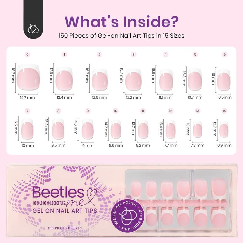 Beetles French Tip Press On Nails - 150 Pcs Pink Short Square French Gel Nail, Pre-Applied Primer, and Base Coat, No File Need 4-in-1 DIY Manicure for Nail Extension Designs and Gifting