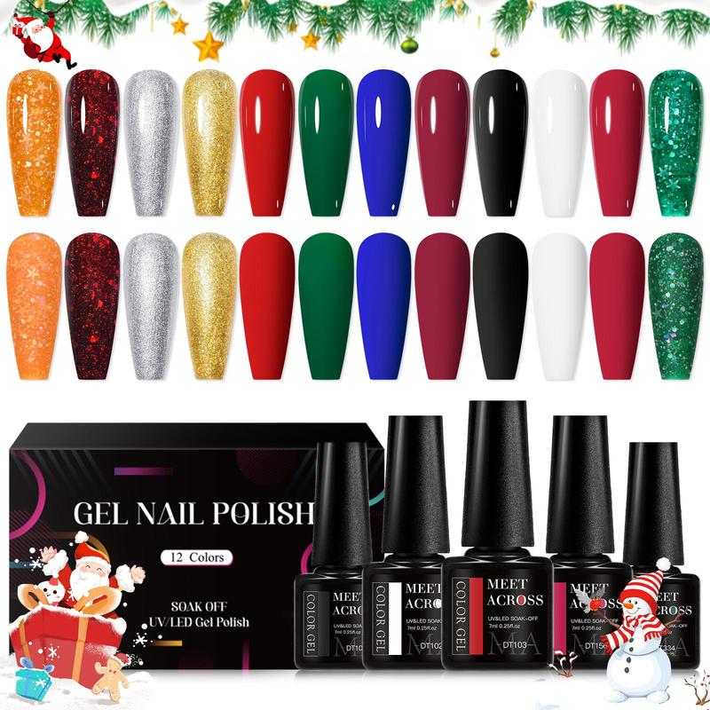 Color Gel Nail Polish Set, 12pcs set Winter Colors Semi Permanent Sparkle Gel Nail Varnish, UV LED Soak Off Gel Nail Polish