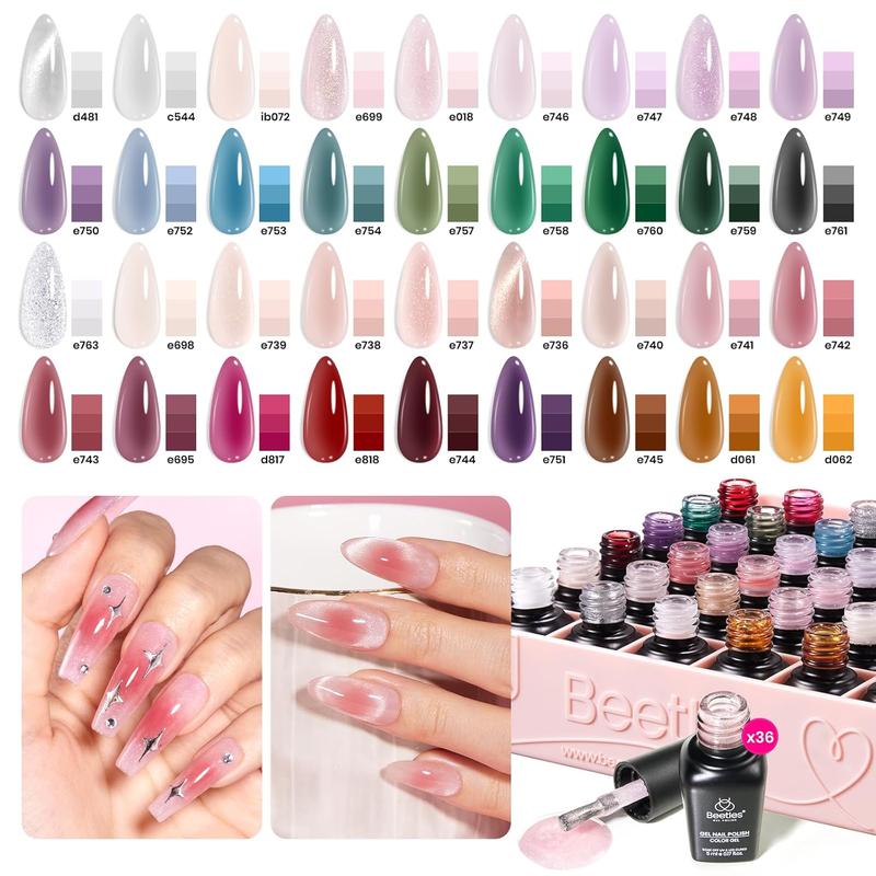 beetles Gel Polish 53 PCS Gel Nail Polish Set, 36 Colors Gel Polish with Base Coat Glitter Top Matte & Stars Top Coat Jelly Pink Milky Gel Orange Red Crystal Ice Collection Gifts for Women