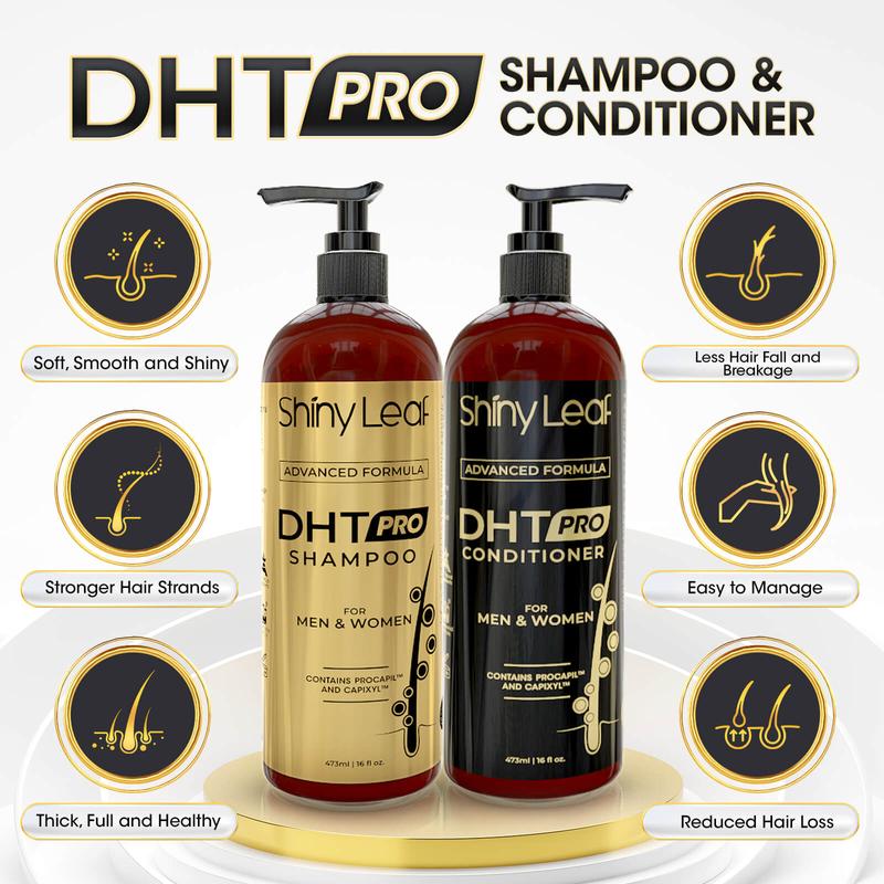 DHT Pro Shampoo and Conditioner Set with Procapil and Capixyl, Biotin, Caffeine, Sulfate and Paraben Free for Hair Growth, Men   Women 16oz Shiny Leaf