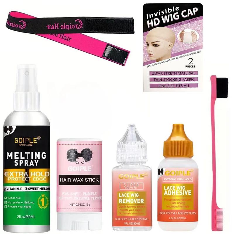 Wig Kit for Lace Front Wigs, 1 Set Including Invisible Adhesive for Wigs, Wig Melting Spray, Wig Glue Remover, Hair Styling Wax Stick, Wig Caps, Edge Control Brush and Lace Headband