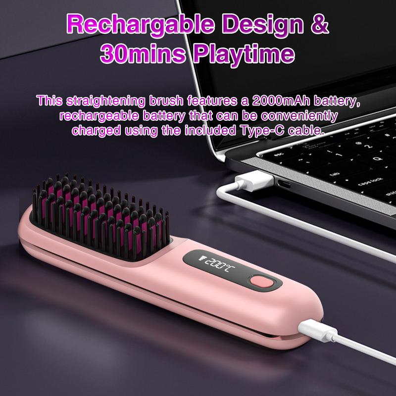 S7 Cordless Hair Straightener Brush, Portable Negative Ion Hot Comb  Long Battery Life with USB Rechargeable Feature Fast Heating 3 Temp Settings Anti-Scald, 20Mins Auto-Off, for Travel