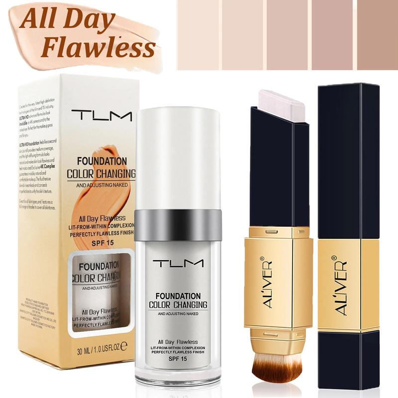 (2 Pack) TLM Color Changing Liquid Foundation + Aliver Concealer Stick,Flawless Makeup Base Concealer Cover SPF15 TLM