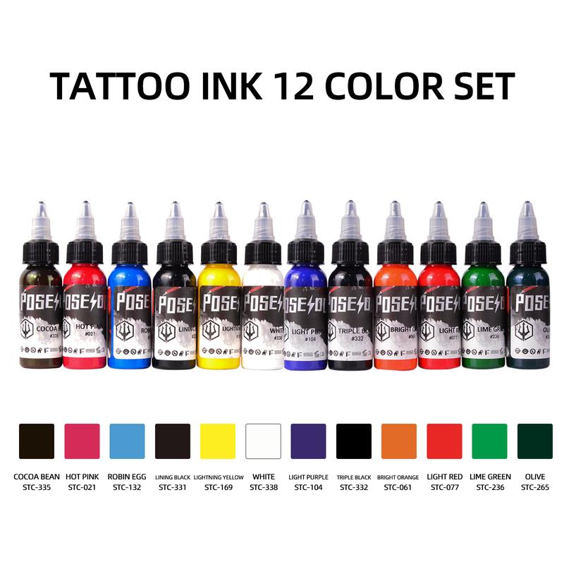 POSEIDON Professional Tattoo Ink Color Set 12 Colors with 30 ml 1oz per Bottle Tattoo Ink Set for Tattoo Artist and Beginners Tattoo Supplies Tattoo Ink Set