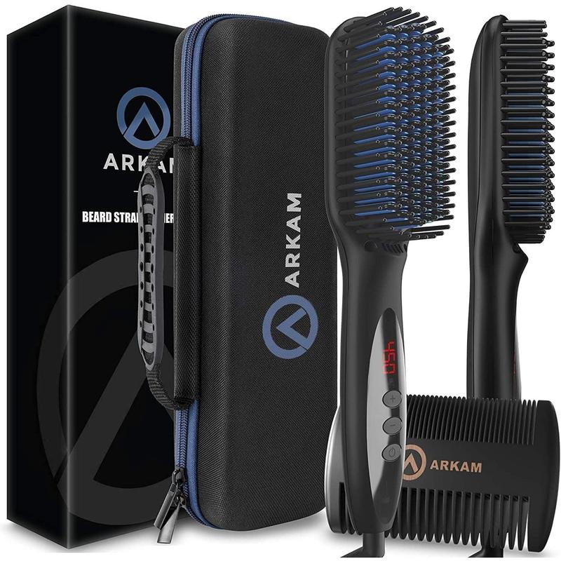 Beard Straightener for Men -Premium Heated Beard Brush Kit w Anti-Scald Feature, Dual Action Hair Comb Case for Medium to Long Beards Gift Comfort