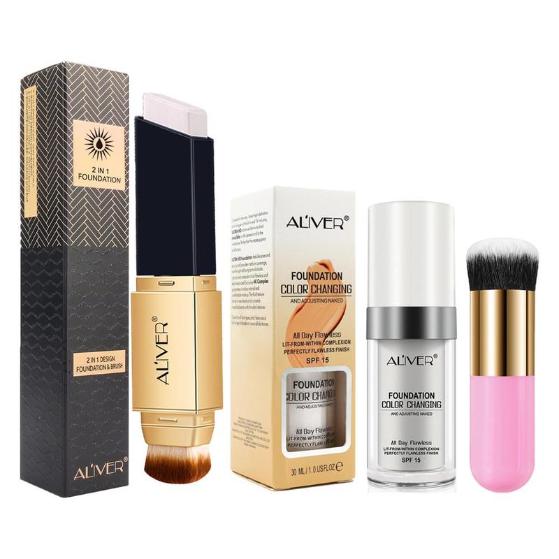 Aliver 2-in-1 Concealer Stick Foundation with Cosmetic Brush Concealer, Full Coverage Pore 01 Color and Aliver Liquid Foundation Sunscreen Base Makeup Plus Pink Makeup Brush