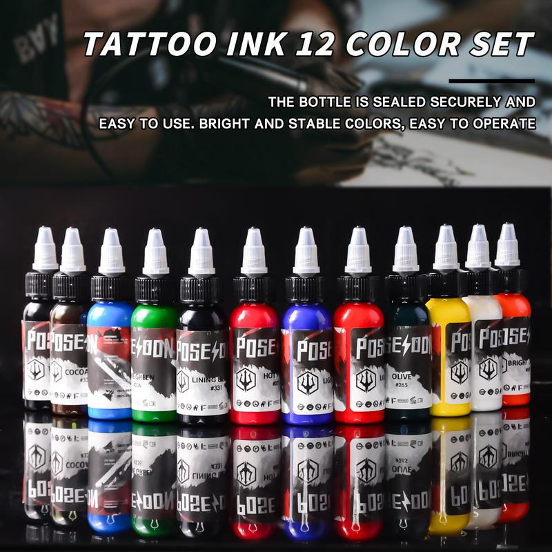 POSEIDON Professional Tattoo Ink Color Set 12 Colors with 30 ml 1oz per Bottle Tattoo Ink Set for Tattoo Artist and Beginners Tattoo Supplies Tattoo Ink Set