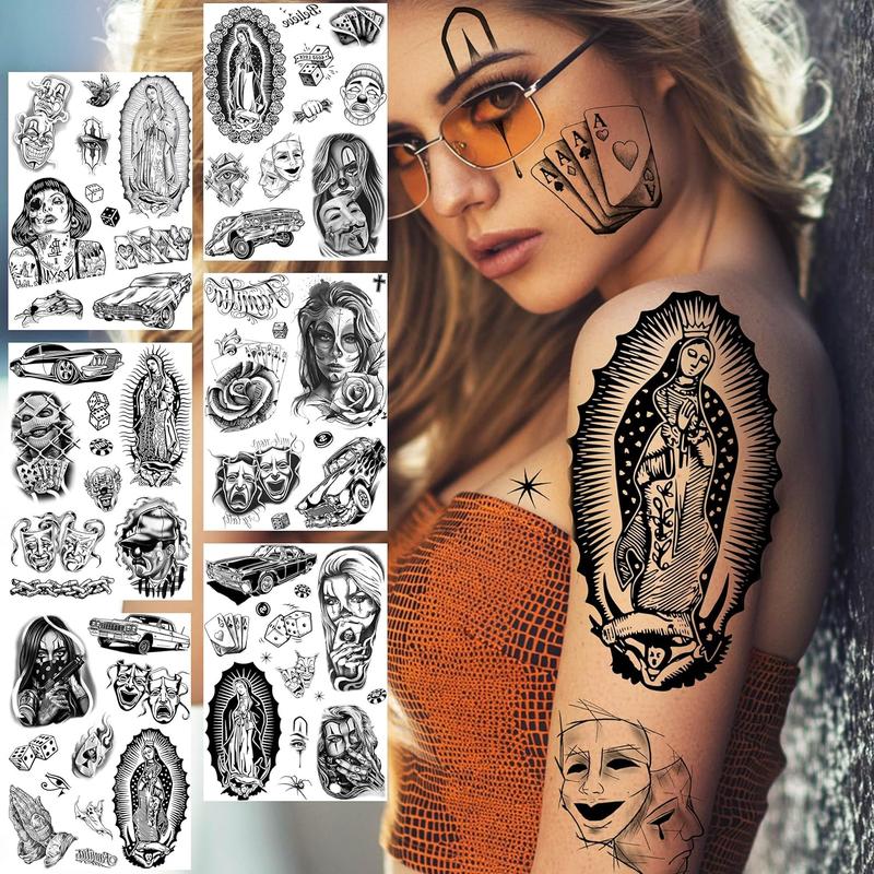 6 Sheets Large Chicano Temporary Tattoos For Men Women , Chicana Guadalupe Gangster  Tattoos Prisoner Day of the Dead,  Mexico  Stickers, Tatuajes Temporales Autocolante