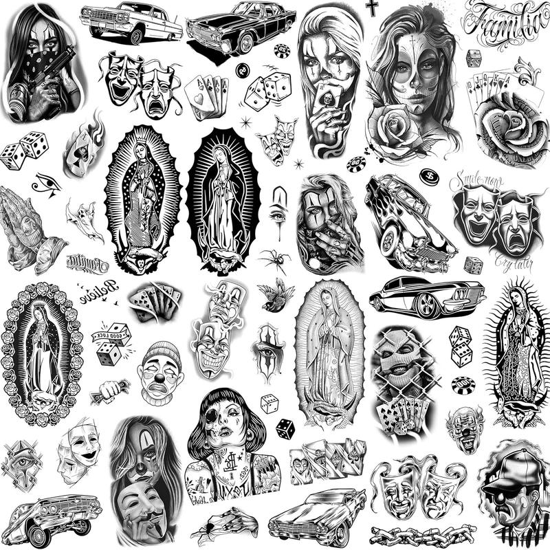 6 Sheets Large Chicano Temporary Tattoos For Men Women , Chicana Guadalupe Gangster  Tattoos Prisoner Day of the Dead,  Mexico  Stickers, Tatuajes Temporales Autocolante