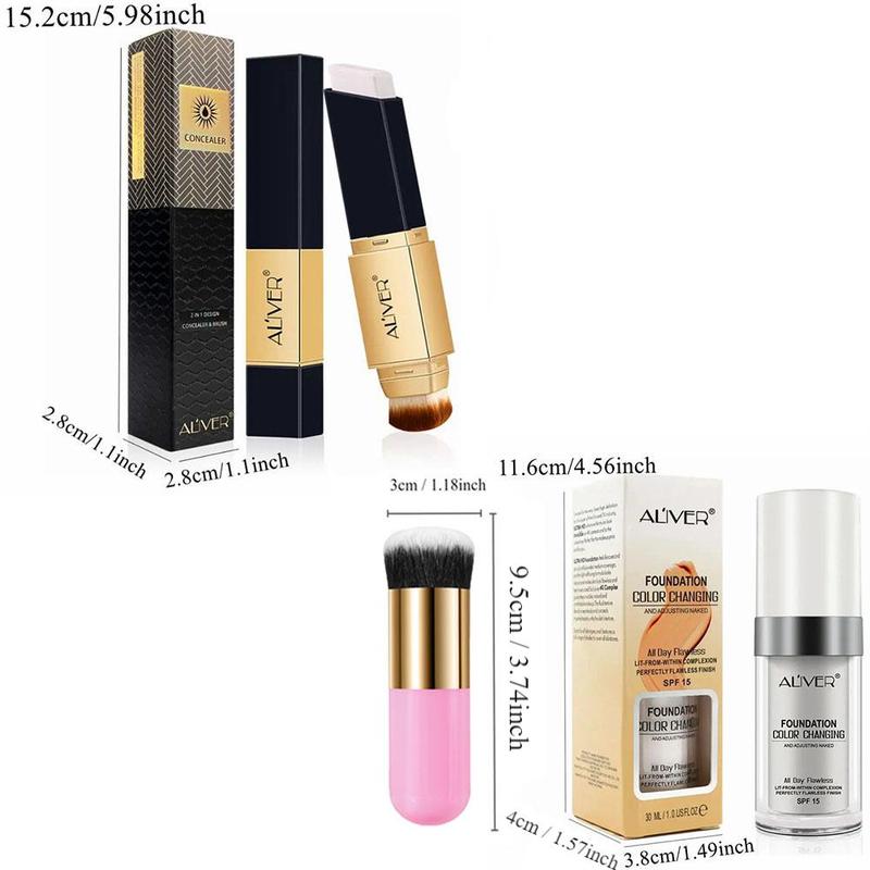 Aliver 2-in-1 Concealer Stick Foundation with Cosmetic Brush Concealer, Full Coverage Pore 01 Color and Aliver Liquid Foundation Sunscreen Base Makeup Plus Pink Makeup Brush