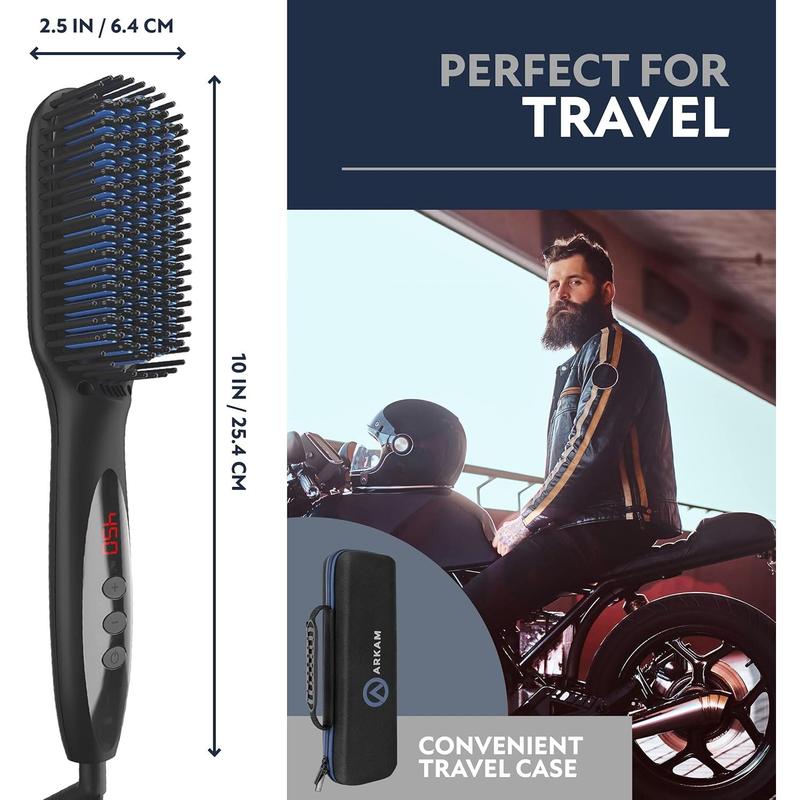 Beard Straightener for Men -Premium Heated Beard Brush Kit w Anti-Scald Feature, Dual Action Hair Comb Case for Medium to Long Beards Gift Comfort