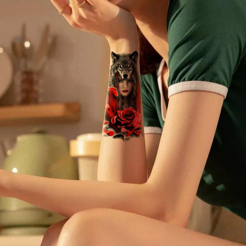 Wolf Head & Flower Pattern Temporary Tattoo, Body Art Supplies For Women And Men