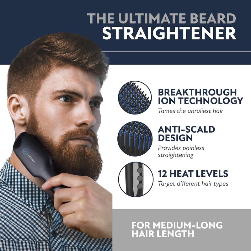 Beard Straightener for Men -Premium Heated Beard Brush Kit w Anti-Scald Feature, Dual Action Hair Comb Case for Medium to Long Beards Gift Comfort