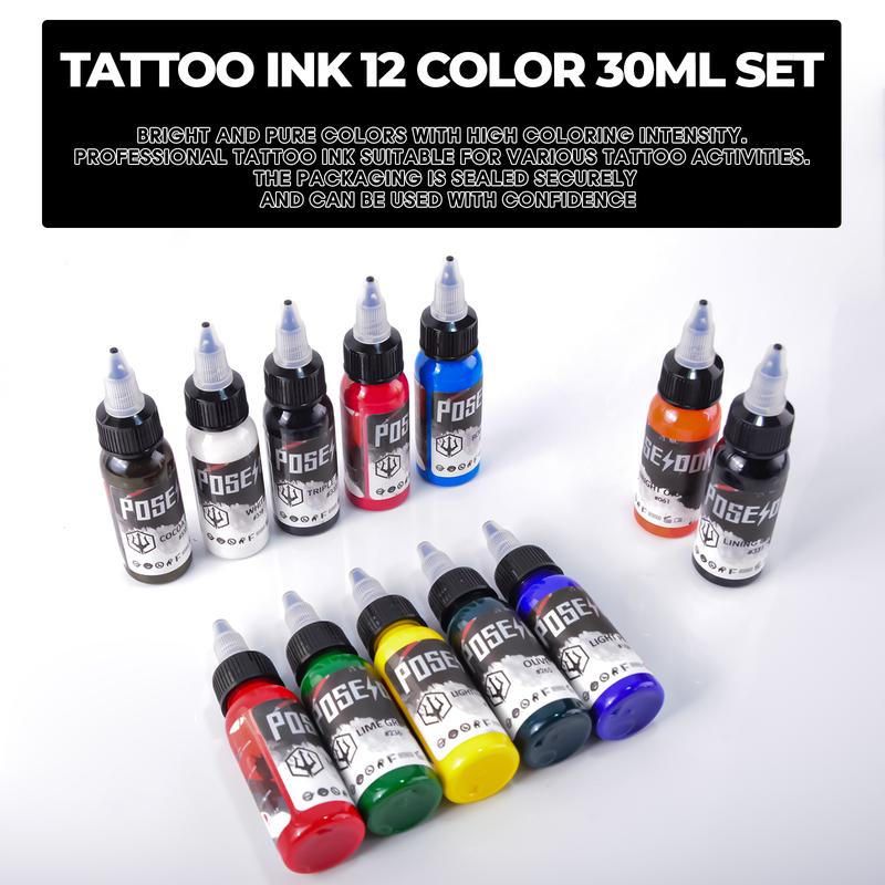 POSEIDON Professional Tattoo Ink Color Set 12 Colors with 30 ml 1oz per Bottle Tattoo Ink Set for Tattoo Artist and Beginners Tattoo Supplies Tattoo Ink Set