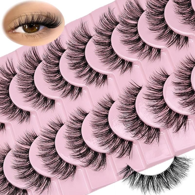 Natural Fluffy False Eyelashes, 10 Pairs Wispy Lashes, 3D Volume Strip Lashes, D Curl Fake Eyelashes with Clear Band Eye Lashes