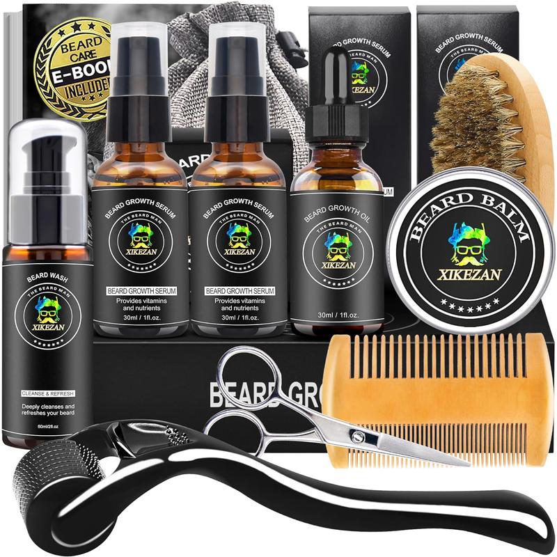 XIKEZAN Beard Kit,Beard Grooming Care Kit w Beard Roller(0.25mm),Beard Wash,2 Pack Beard Serum,Beard Oil,Balm,Comb,Brush,Scissor,Bag,E-Book,Mens Stocking Stuffers Gifts for Men Him Boyfriend Husband beard Care  Comfort beard conditioner