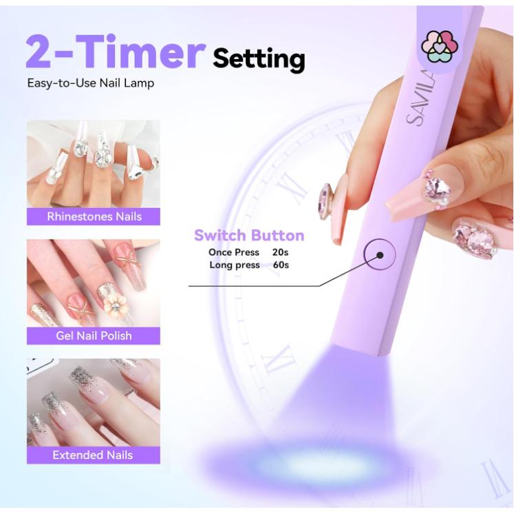 SAVILAND Handheld U V Light for Nails: 3W Portable Mini UV Light for Gel Nail Sticker LED Gel X Nail Lamp Gel Polish 180mAh Rechargeable Flashlight Type-c Gel X Nail Dryer Home DIY Nail Art Self Use