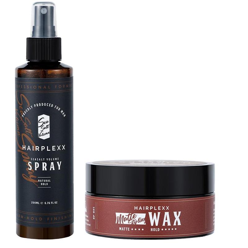 Hairplexx Bundle Sea Salt Volume Spray and Matte Wax_ Natural Volume Look and Hard Hold Matte Wax, Paraben Free Daily Hair Styling Set Gel Haircare